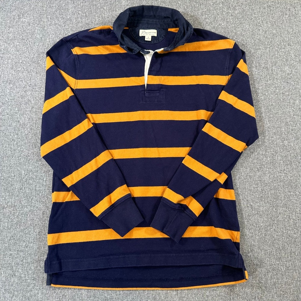 J. Crew Mens Striped Rugby Shirt Navy Blue Orange Long Sleeve Polo Small 1013